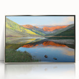 Mid-century modernist art depicting Vail, Colorado, in muted earth tones on a framed acrylic panel.