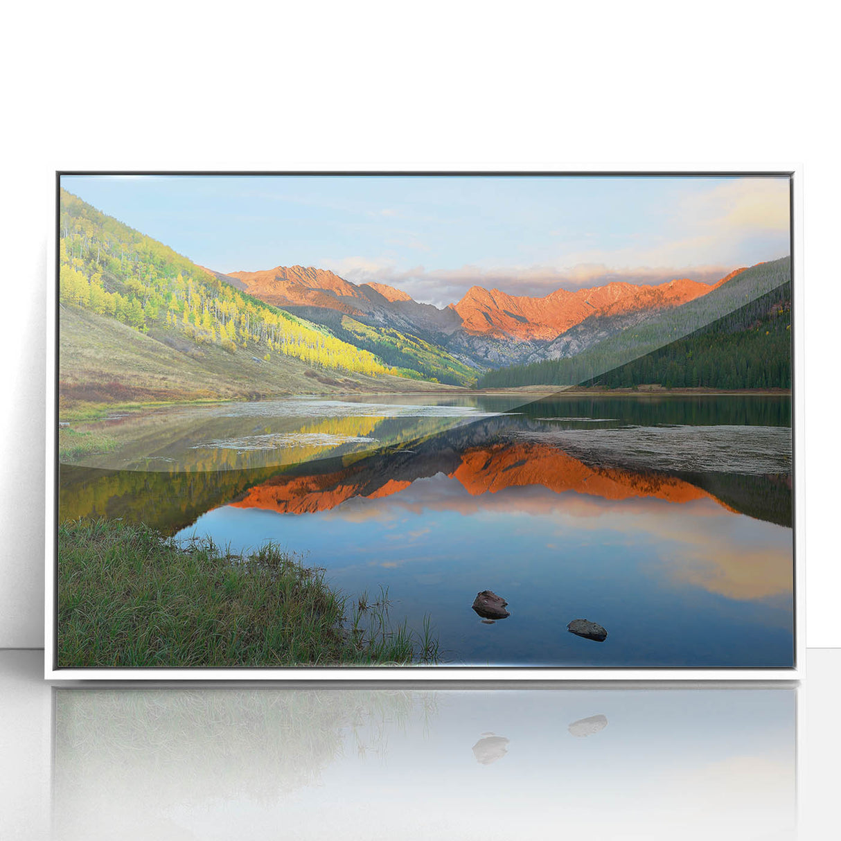 Acrylic print of Vail, Colorado scenery in muted earth tones, framed in white, suitable for modern nursery decor.