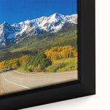 Extra large framed canvas of Aspen, Colorado scenery in black with colorful, textured art elements.