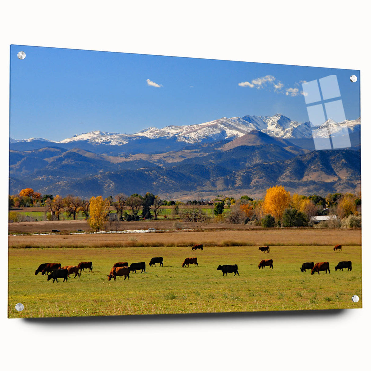 Large abstract wall art depicting the Boulder, Colorado landscape on acrylic glass, ideal for bedroom or dining room decor.