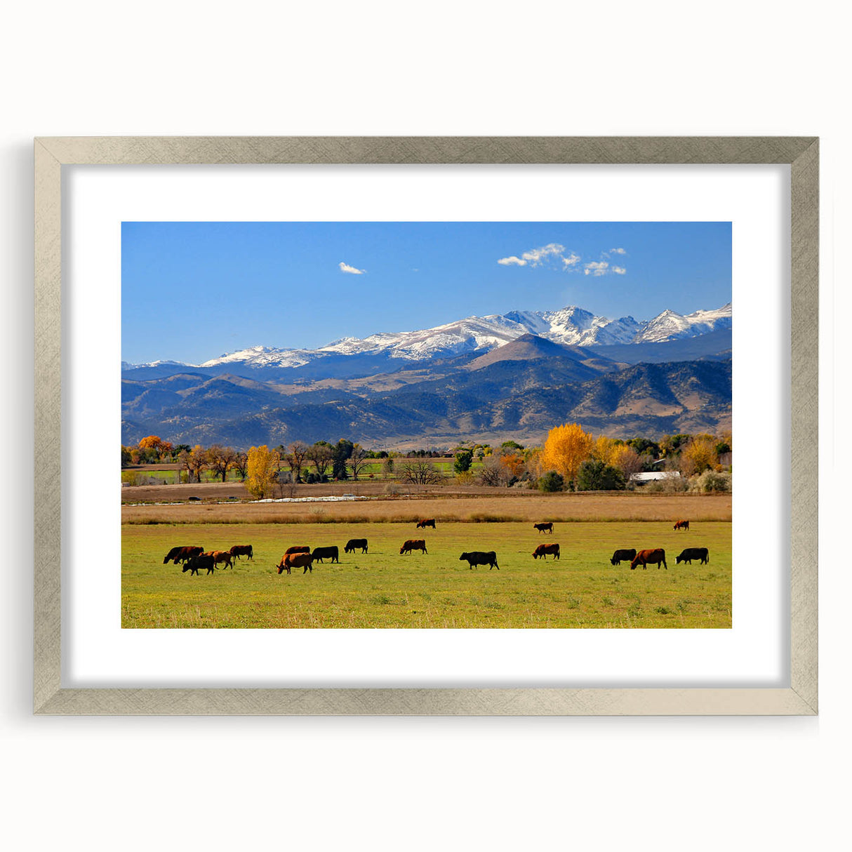 Textured abstract art print of Boulder, Colorado, in muted earth tones on a silver-framed mat, ideal for bedroom art.