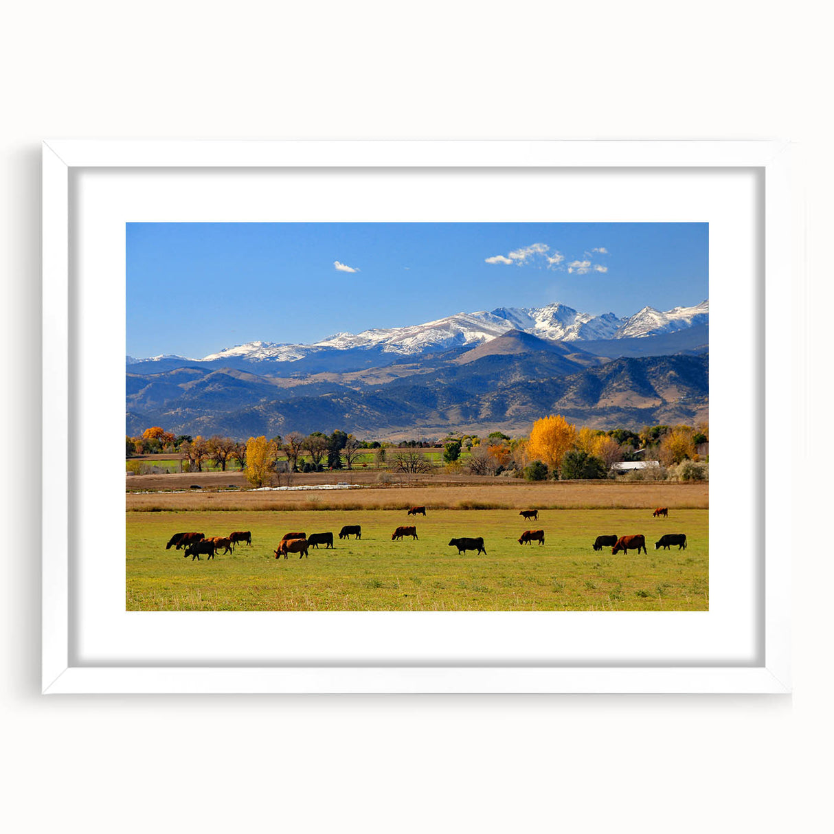 Abstract art print of Boulder, Colorado in muted earth tones on a framed white matte canvas, ideal for dining room decor.