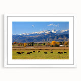 Abstract art print of Boulder, Colorado in muted earth tones on a framed white matte canvas, ideal for dining room decor.