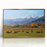 Large acrylic print of Boulder, Colorado scenery in muted earth tones, framed in gold, suitable for modern art wall decor.