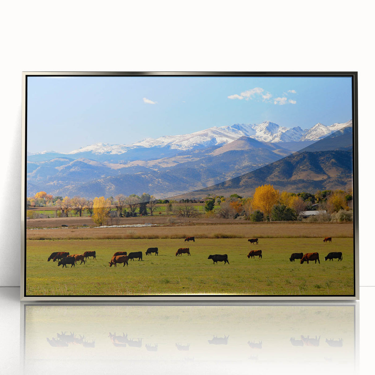 Mid-century modernist art depicting Boulder, Colorado landscape in muted earth tones on a silver-framed acrylic print.