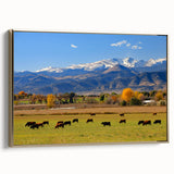 Framed canvas featuring a vintage-style landscape painting of Boulder, Colorado in black and gold tones.