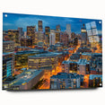 Acrylic print of a large abstract depiction of the Denver skyline, using muted blue and gray tones.