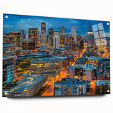 Acrylic print of a large abstract depiction of the Denver skyline, using muted blue and gray tones.