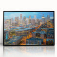 Large abstract wall art of Denver skyline in muted gray and blue tones on framed acrylic, ideal for modern living room decor.