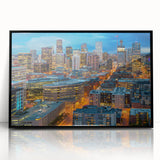 Large abstract wall art of Denver skyline in muted gray and blue tones on framed acrylic, ideal for modern living room decor.