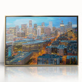 Large art print of Denver skyline in muted gold and blue tones, framed acrylic, ideal for modern nursery wall decor.