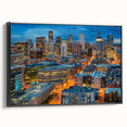Black and white framed canvas of Denver landscape featuring vintage poster style, ideal for bedroom wall art.