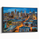 Black and white framed canvas of Denver landscape featuring vintage poster style, ideal for bedroom wall art.