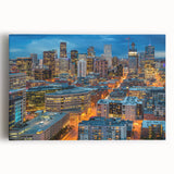 Black and white photo of Denver skyline on large stretched canvas, ideal for kitchen wall art.