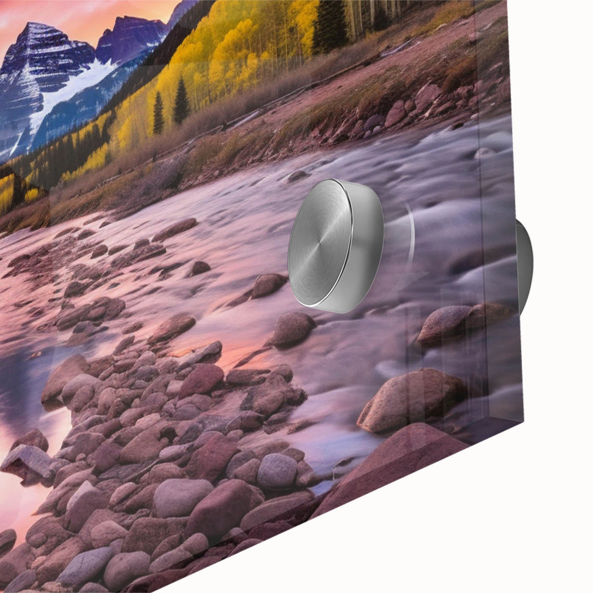 Large abstract depiction of Maroon Bells, Colorado, in muted earth tones on acrylic glass, suitable for dining room art.
