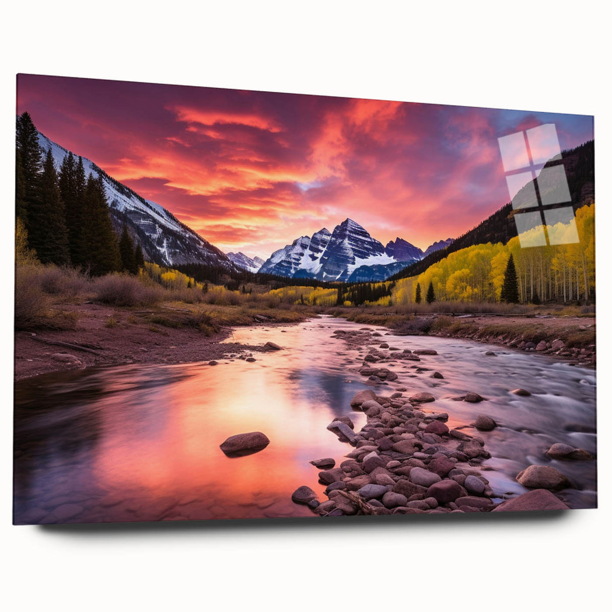 Acrylic print of Maroon Bells, Colorado, featuring reflective lake and autumn colors.