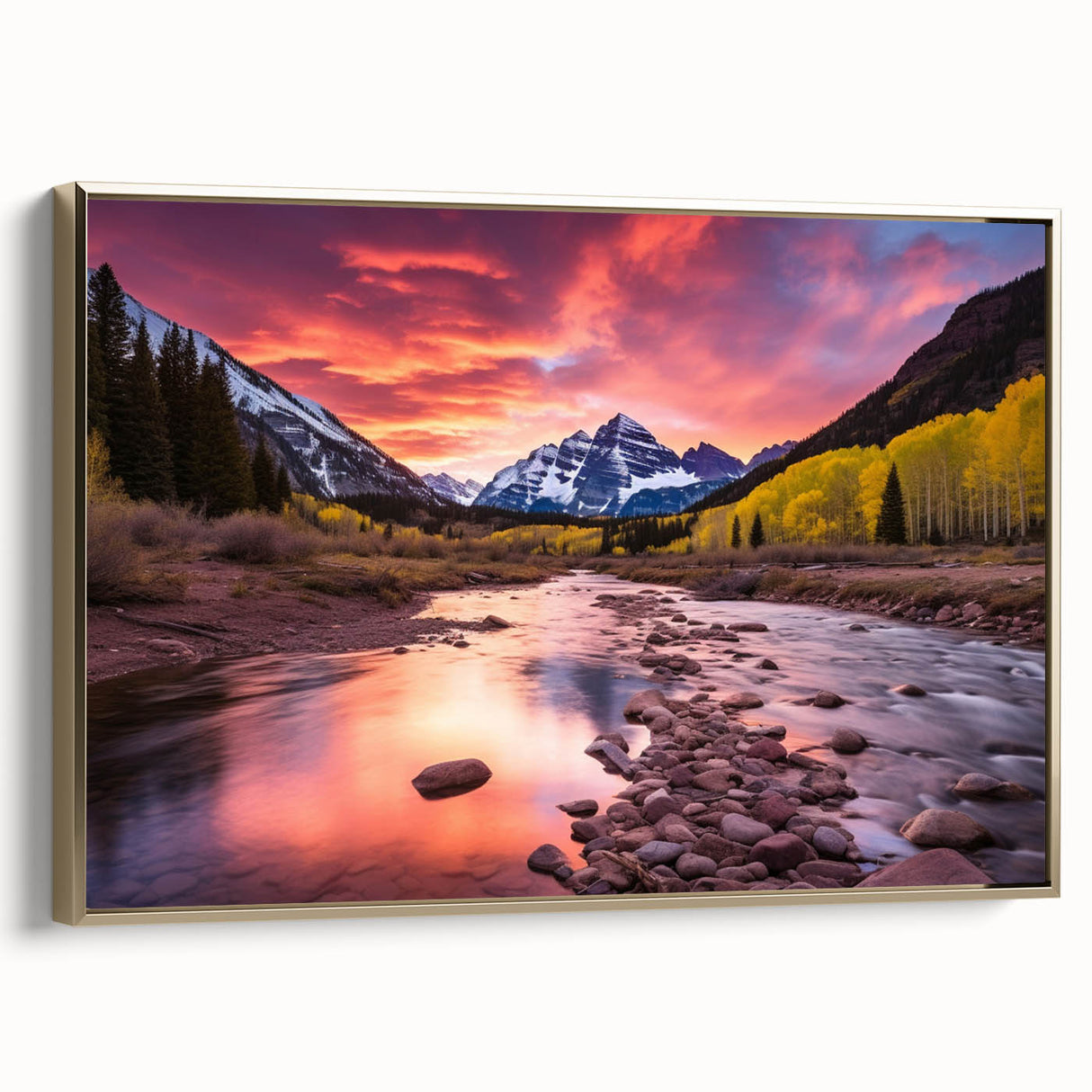 Framed canvas of Maroon Bells, Colorado with muted gold and black tones, ideal for bedroom wall art.