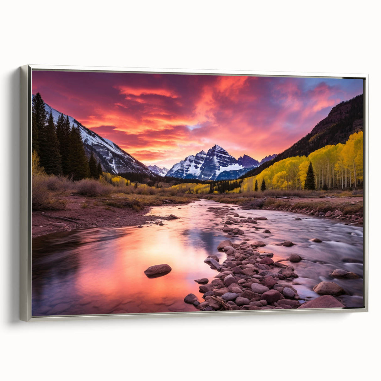 Framed canvas of Maroon Bells, Colorado landscape art painting, with vibrant autumn colors, ideal for living room decor.