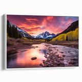 Vintage poster art of Maroon Bells, Colorado, in vibrant colors on a framed canvas, suitable for large living room walls.