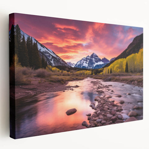 Maroon Bells, Colorado landscape on large stretched canvas, featuring vivid autumn colors, ideal for kitchen wall art.