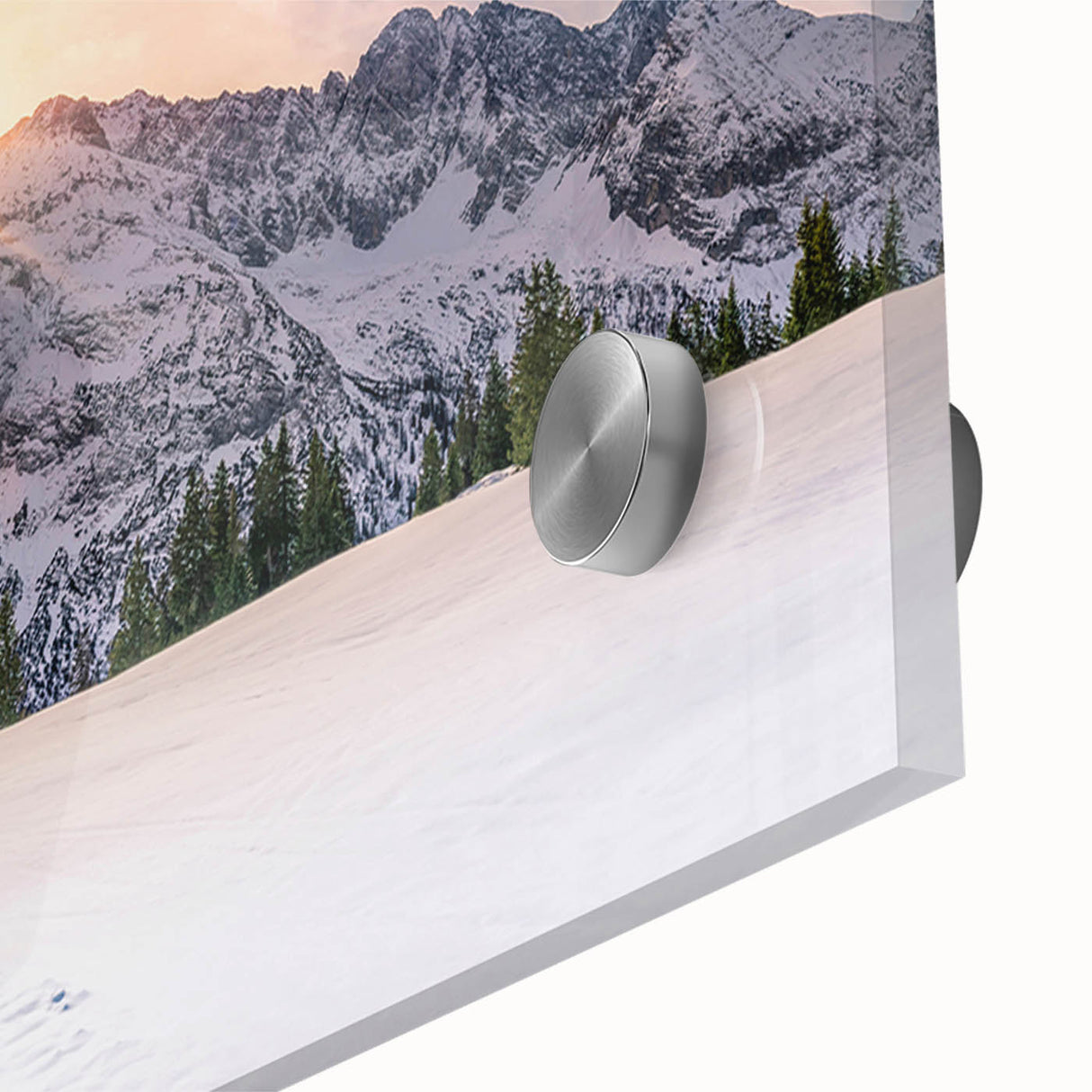 Large abstract wall art of the Rocky Mountains in vibrant blues and greens on acrylic glass.