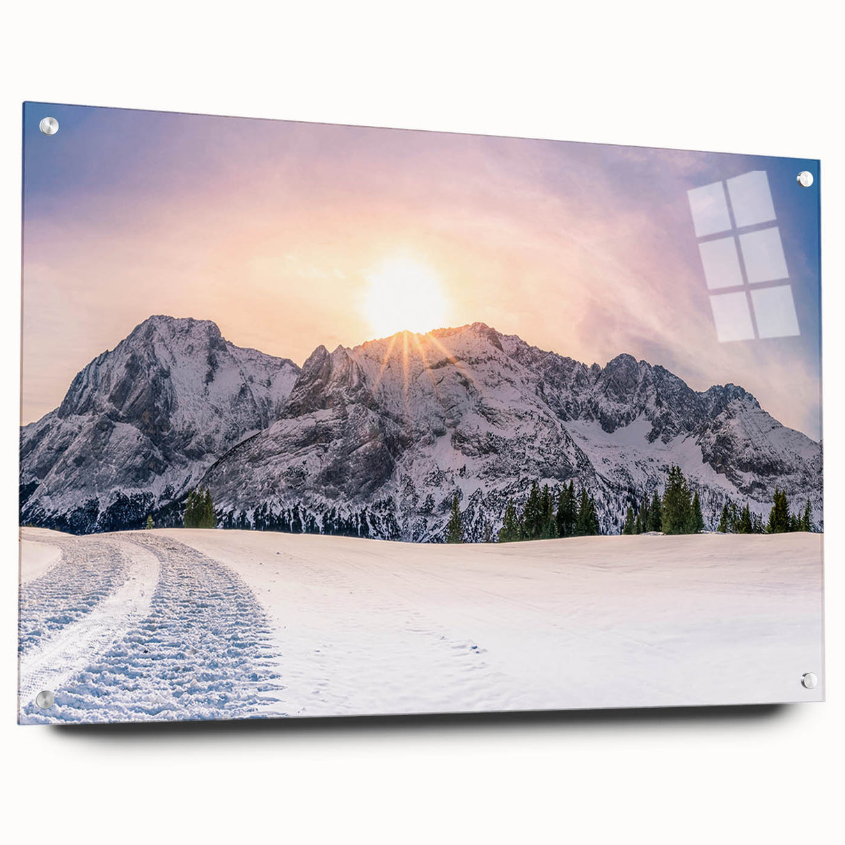 Acrylic print of the Rocky Mountains in muted earth tones, suited for bedroom or dining room decor.