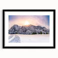 Abstract art print of the Rocky Mountains in vibrant colors on a textured, extra large canvas, ideal for living room decor.
