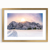 Extra large abstract art print of the Colorado Rocky Mountains in textured hues of blue and gray, framed in gold.