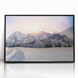 Large abstract wall art depicting the Rocky Mountains in muted earth tones, framed in black acrylic.