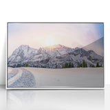 Acrylic print of the Rocky Mountains in muted earth tones, framed in white, suitable for modern art wall decor.