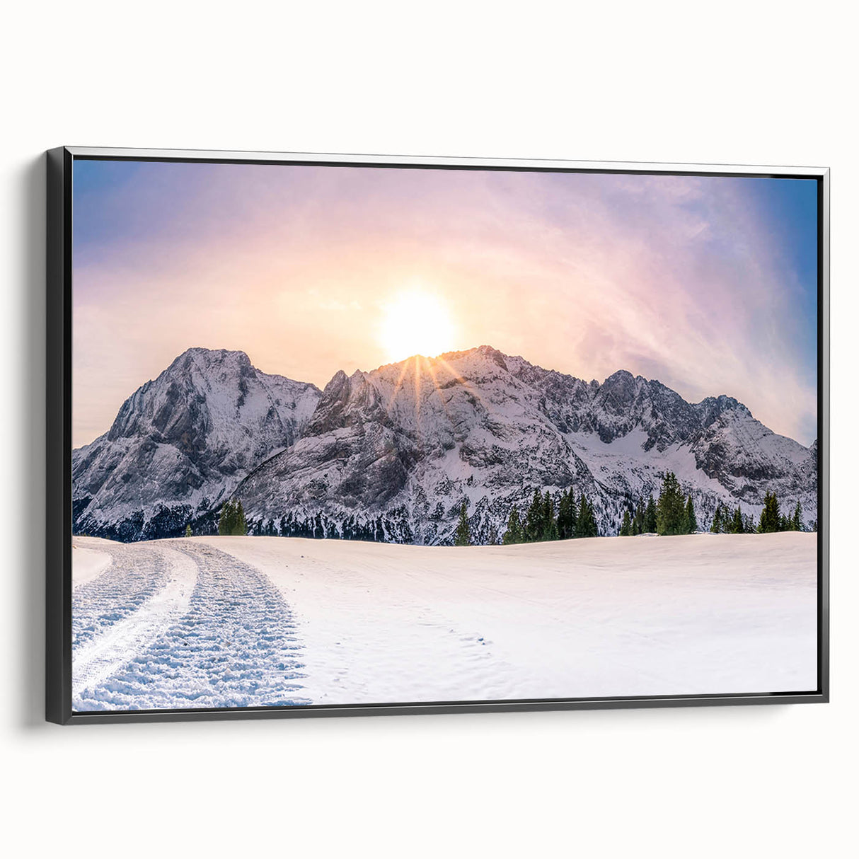 Black and white framed canvas of Rocky Mountains, ideal for bedroom wall art in a vintage poster style.