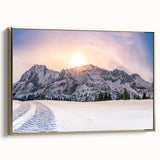 Framed canvas featuring a vintage-style landscape painting of the Rocky Mountains, ideal for bedroom wall art.