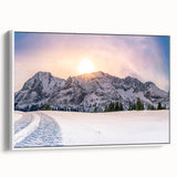 Vintage poster art of Rocky Mountains with colorful palette on extra large framed canvas, ideal for living room.