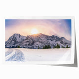 Rolled print of the Rocky Mountains in muted earth tones, suited for art wall dining room.