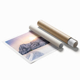 Rolled print of the Rocky Mountains in muted earth tones, suitable for classy bathroom wall art.