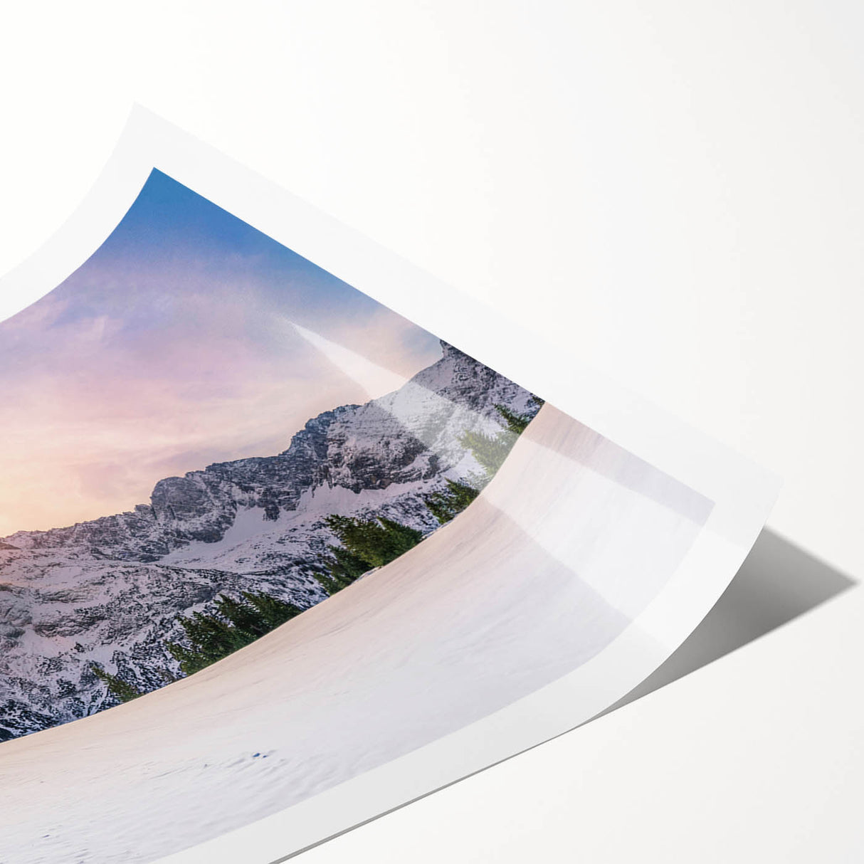 Extra large rolled print depicting the Rocky Mountains in muted earth tones, ideal for large living room wall art.