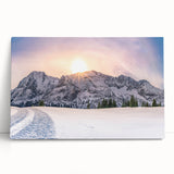 Landscape print of the Rocky Mountains in black and white on stretched canvas, ideal for kitchen wall art.
