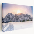 Rocky Mountains landscape on large stretched canvas with earthy green and brown tones, suitable for kitchen wall art.