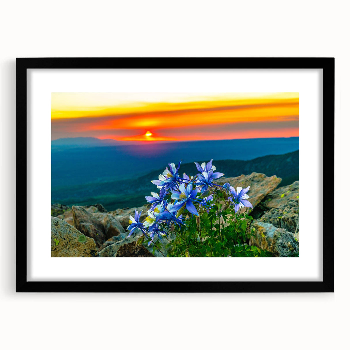 Extra large abstract art print of Colorado Springs in vibrant colors on a textured canvas, framed in black.