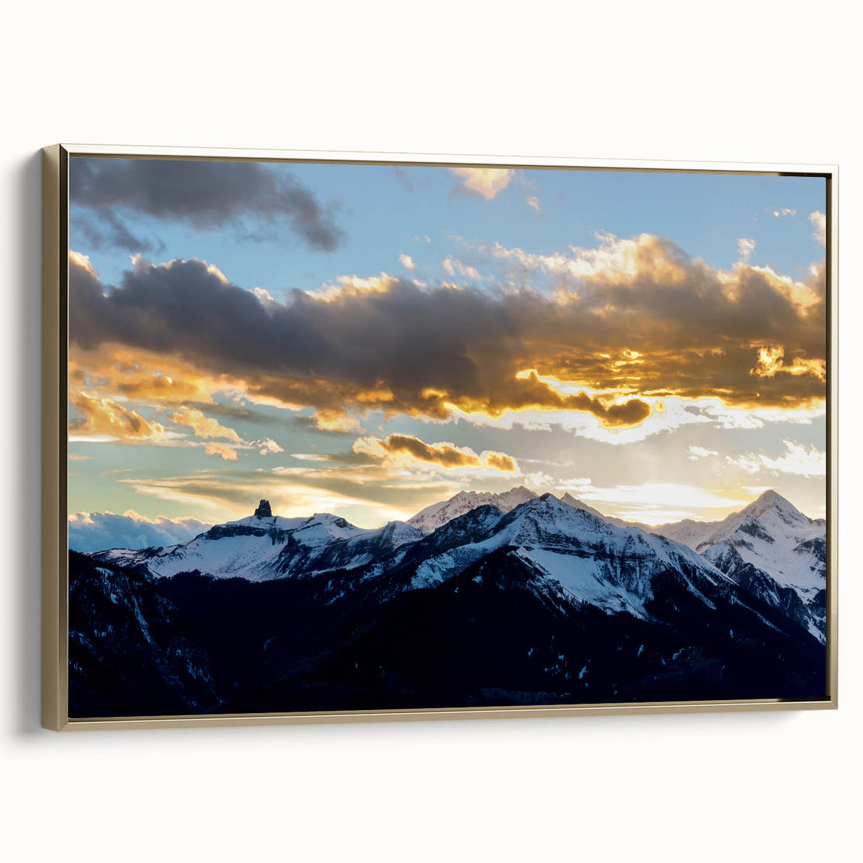 Framed canvas depicting a vintage-style Telluride, Colorado landscape in muted gold and black tones.