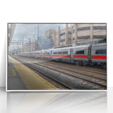 Art deco poster depicting a serene Connecticut landscape in muted greens and blues, framed acrylic.