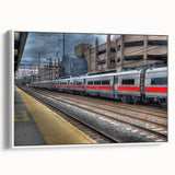 Vintage poster art of Connecticut scenery on a large framed canvas, featuring colorful artwork against a black background.