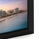 Close-up of extra large framed canvas featuring textured, colorful art of Daytona scenery in black tones.