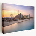 Daytona beach scene on large stretched canvas, featuring soft blue and beige tones, ideal for kitchen wall art.