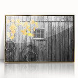 Mid-century modernist Delaware landscape on gold-framed acrylic, featuring soft earth tones, ideal for modern art wall decor.