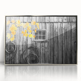 Mid-century modernist art depicting Delaware scenery in muted earth tones on a silver-framed acrylic print.