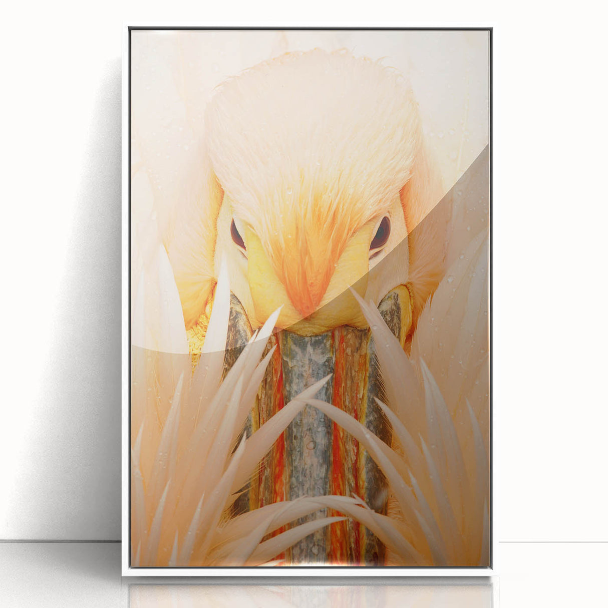Art Deco style poster of the Everglades in muted green and blue tones, framed in white acrylic.