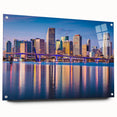 Acrylic print of a large abstract depiction of Miami skyline in vibrant blues and oranges.
