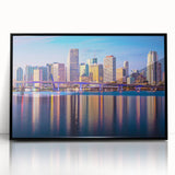 Large abstract wall art of Miami skyline in muted gray and blue tones on framed acrylic, ideal for modern living room decor.