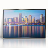 Mid-century modernist art of Miami skyline in pastel shades on a framed acrylic print, ideal for nursery wall art.